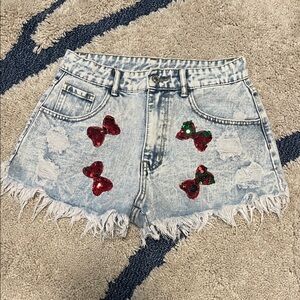 Denim Shorts with Red Sequin Accents